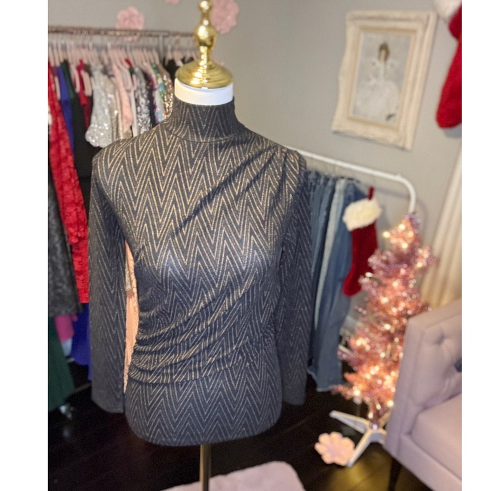 MDRN‎ Women's Black Gold Zigzag mesh Knit Turtleneck Long Sleeve Top Size XS NWT